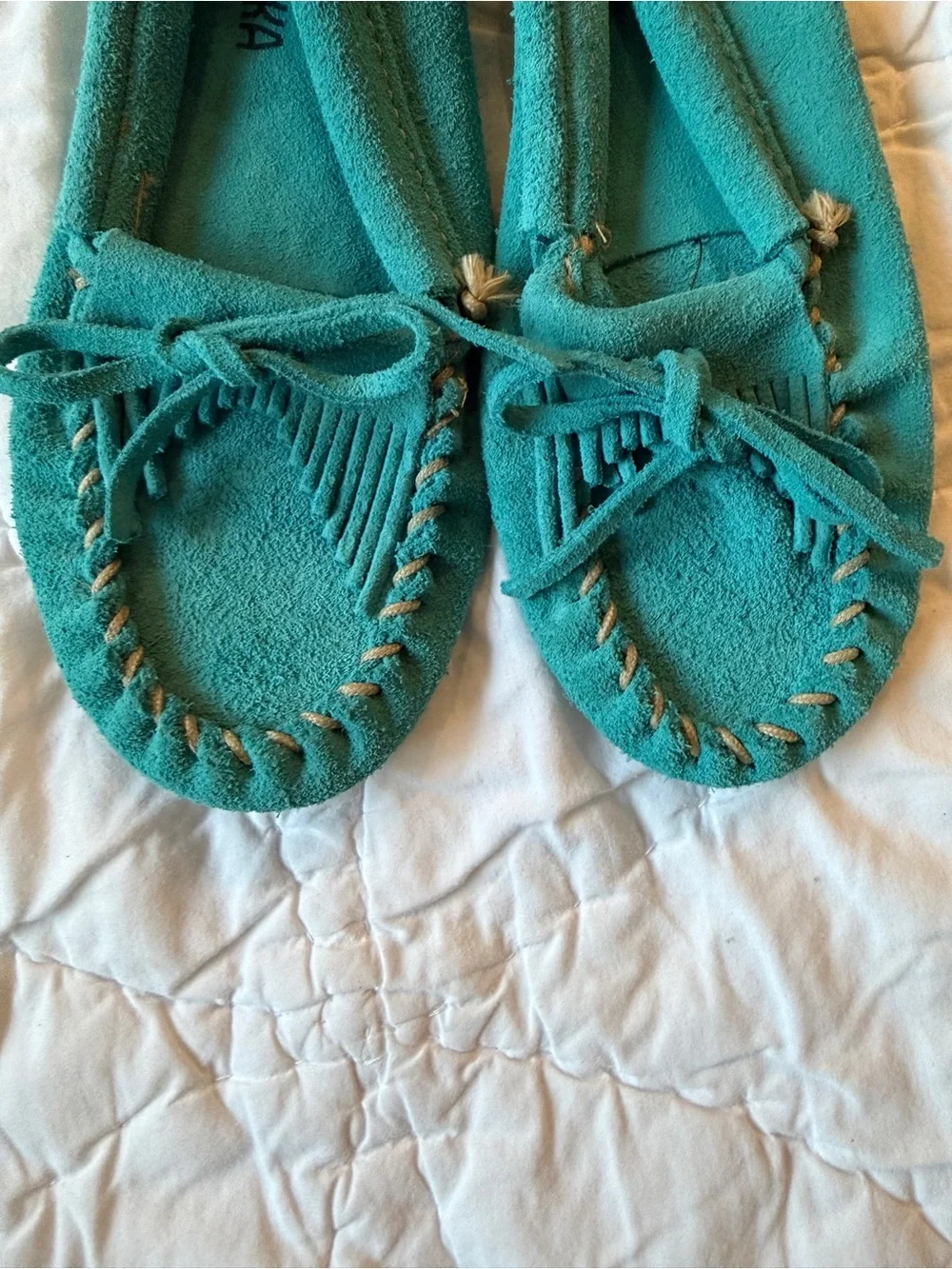 Girls Minnetonka Turquoise Suede Fringe Moccasins